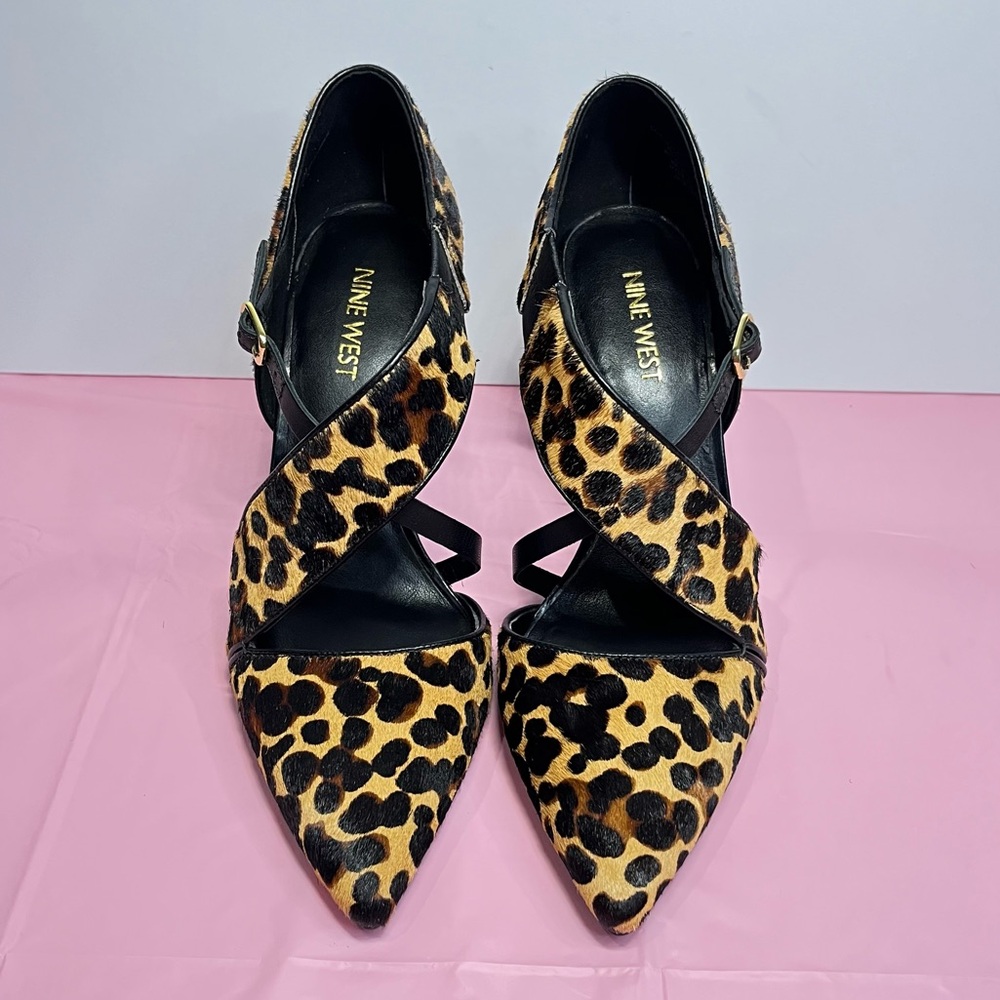 Nine West 7.5 Real Cow Fur Leopard Print Strappy Pointy Toe Heels - Never Worn